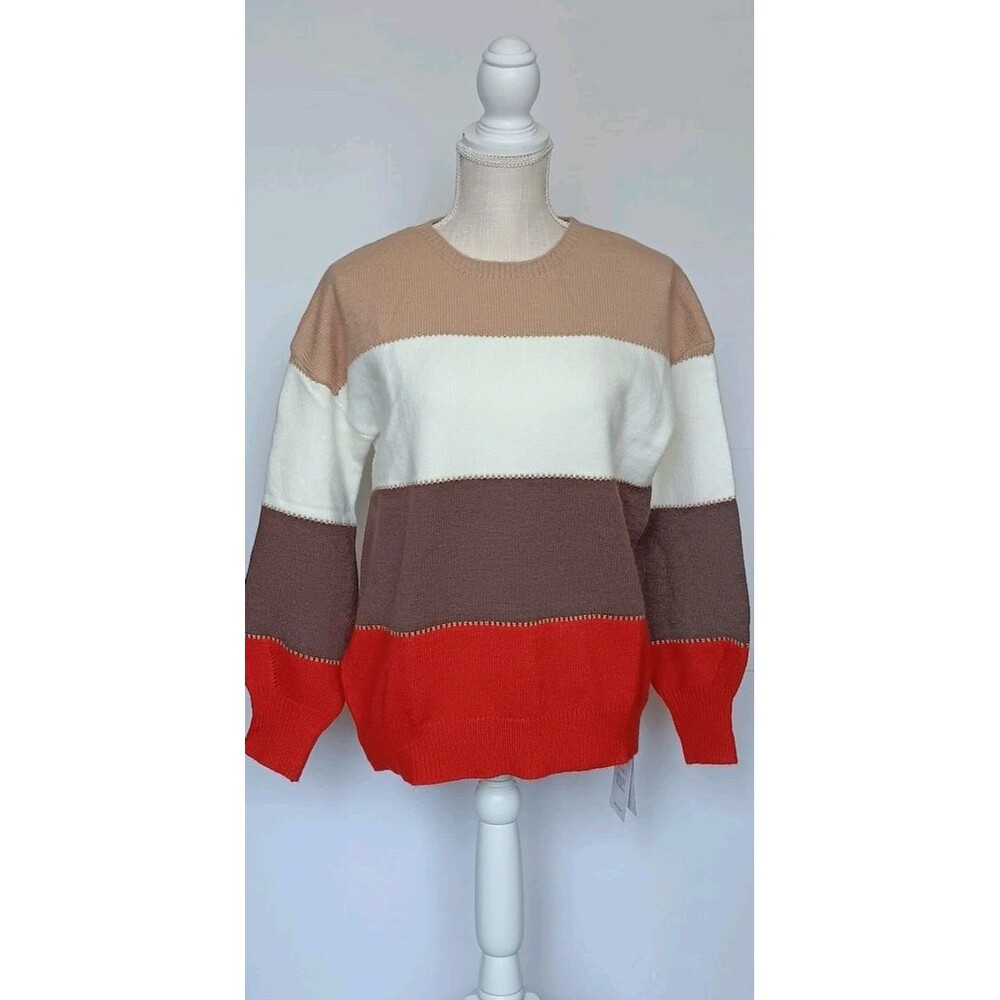 Warm Soft Color Block Beige White Brown Rust Warm Fall and Winter Sweater Size S